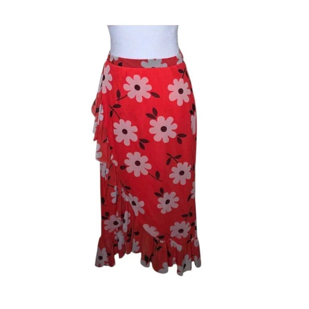 Vintage 90s Urban Outfitters Floral Ruffled Skirt Womens Size S Bright Orange